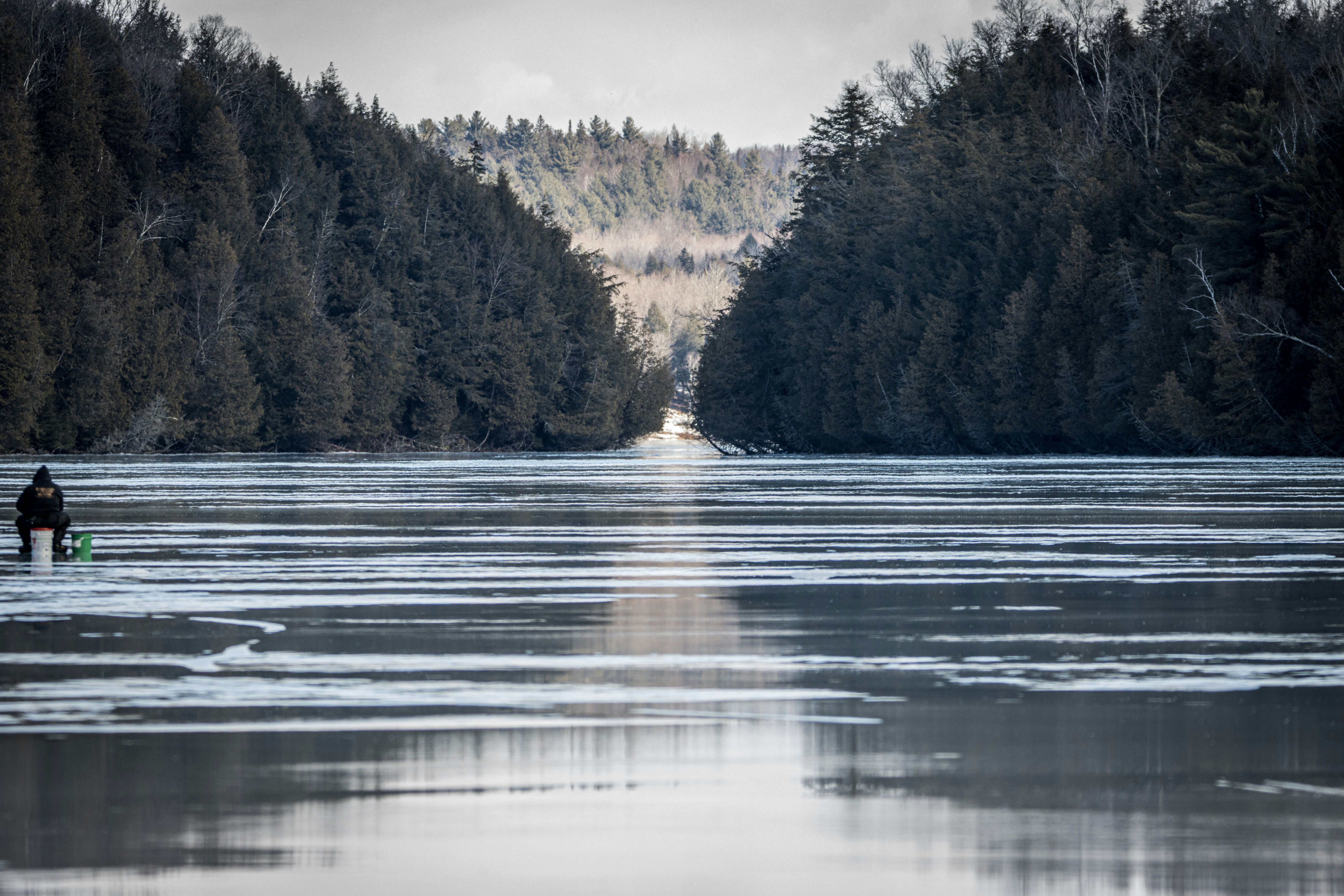 a person standing in a lake surrounded by trees