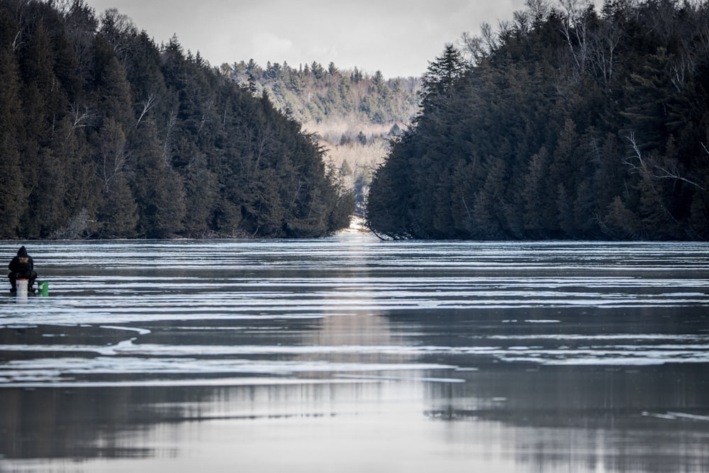 a person standing in a lake surrounded by trees