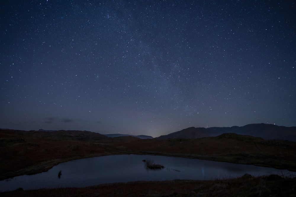 the night sky with stars above a small pond