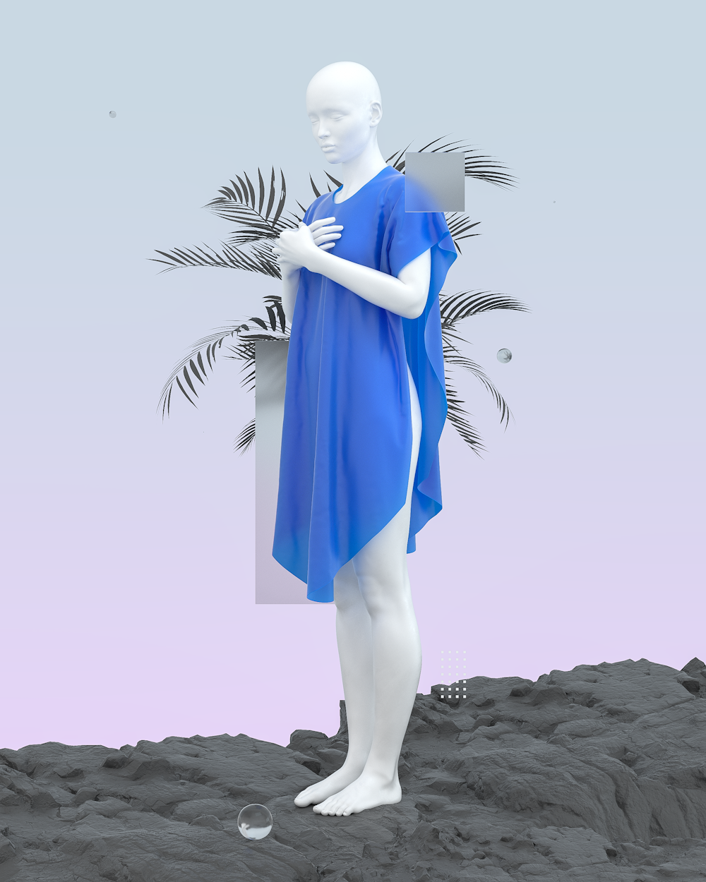 a white mannequin dressed in a blue dress