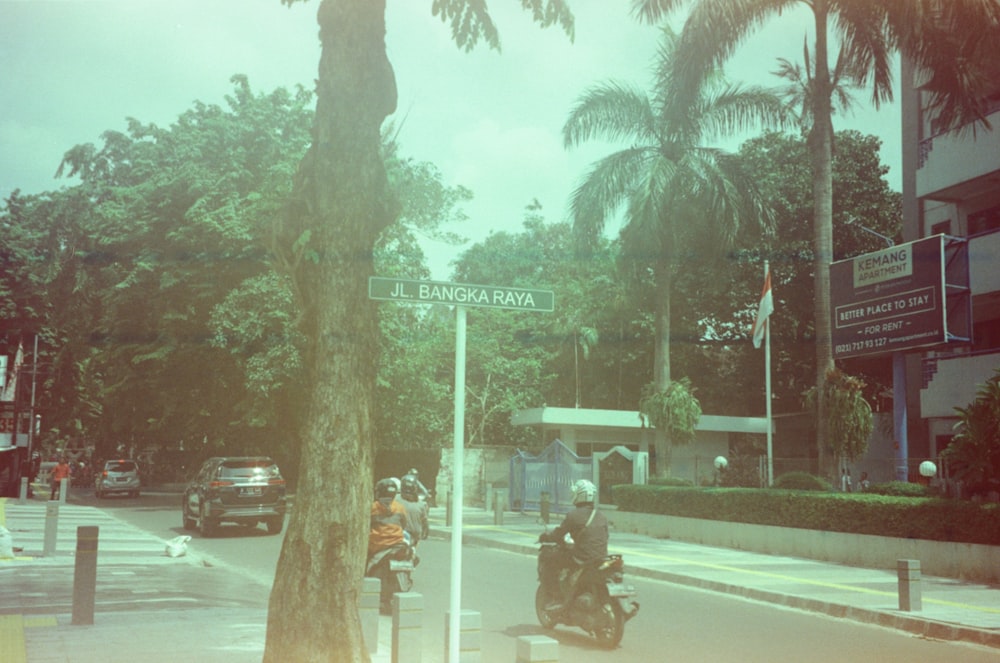 a man riding a motorcycle down a street next to a palm tree