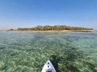 a person in a kayak in the water near an island