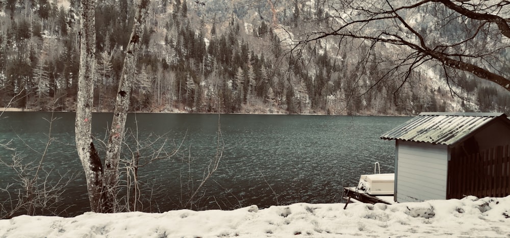 a small cabin sitting next to a body of water