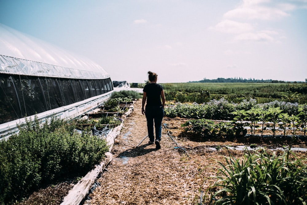 a woman walking down a dirt road next to a lush green field