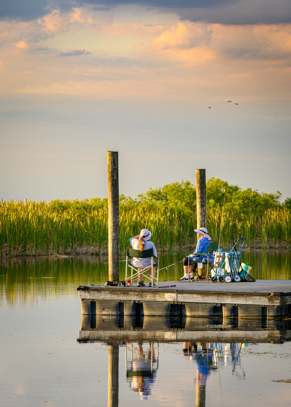 a couple of people sitting on a dock next to a body of water