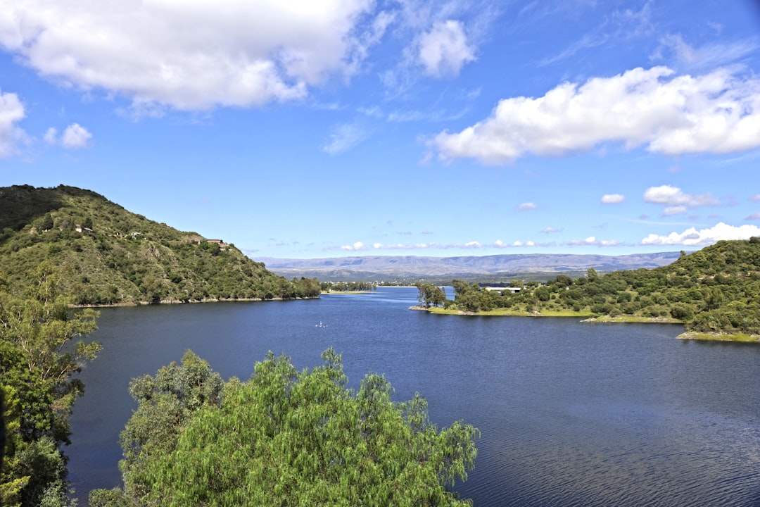 a large body of water surrounded by trees,