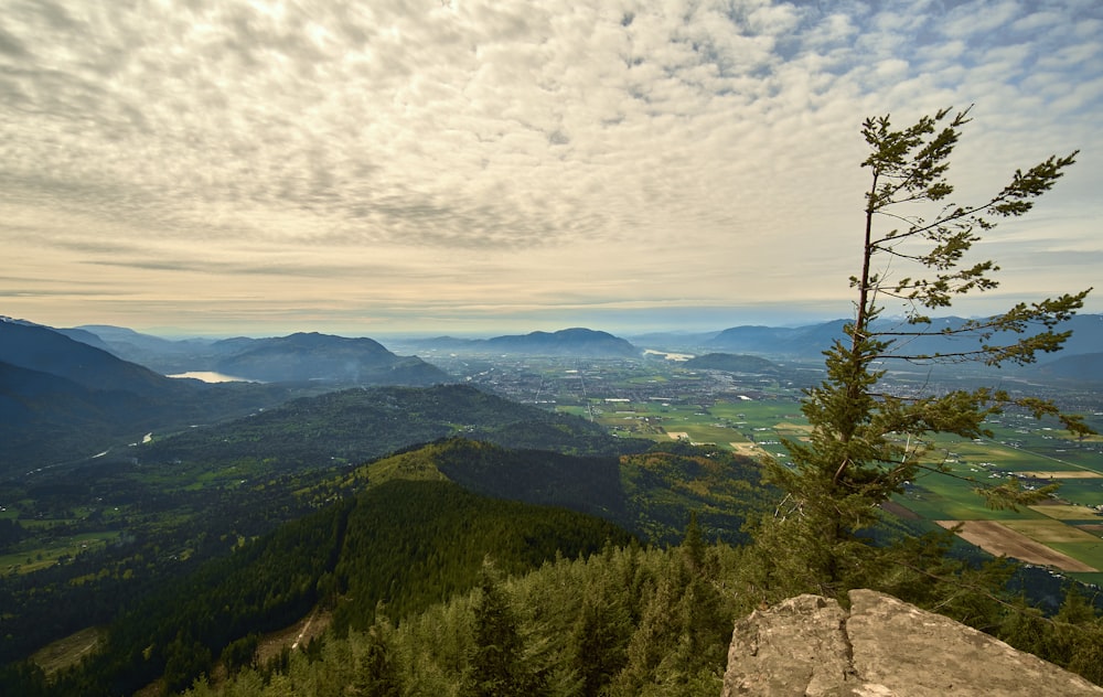 a view of a valley and mountains from a high point of view