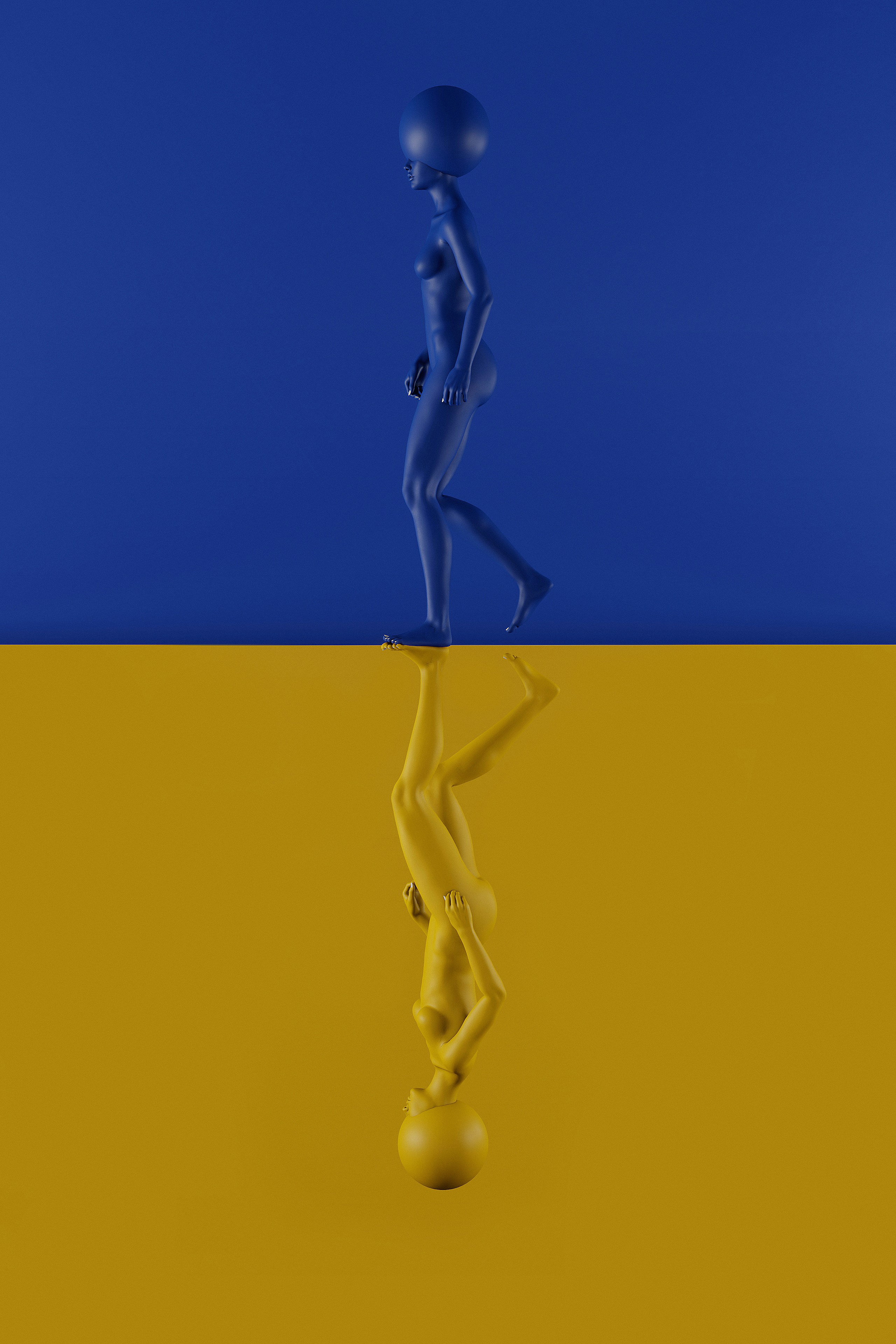 a person walking across a yellow and blue floor