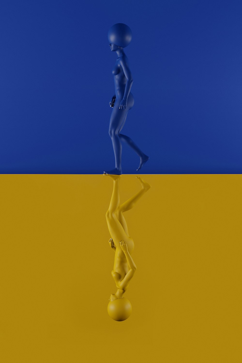 a person walking across a yellow and blue floor