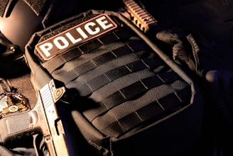 a close up of a police vest with a gun