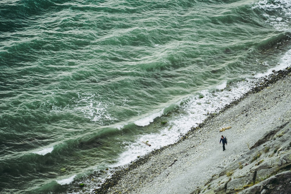 a person standing on a beach next to the ocean