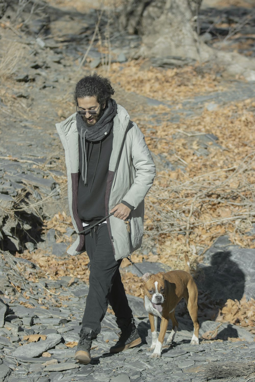 a man walking a dog on a leash