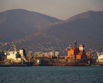 a large cargo ship in a harbor with mountains in the background