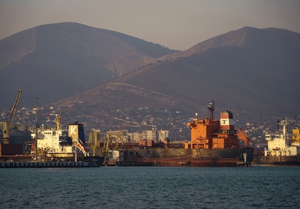 a large cargo ship in a harbor with mountains in the background