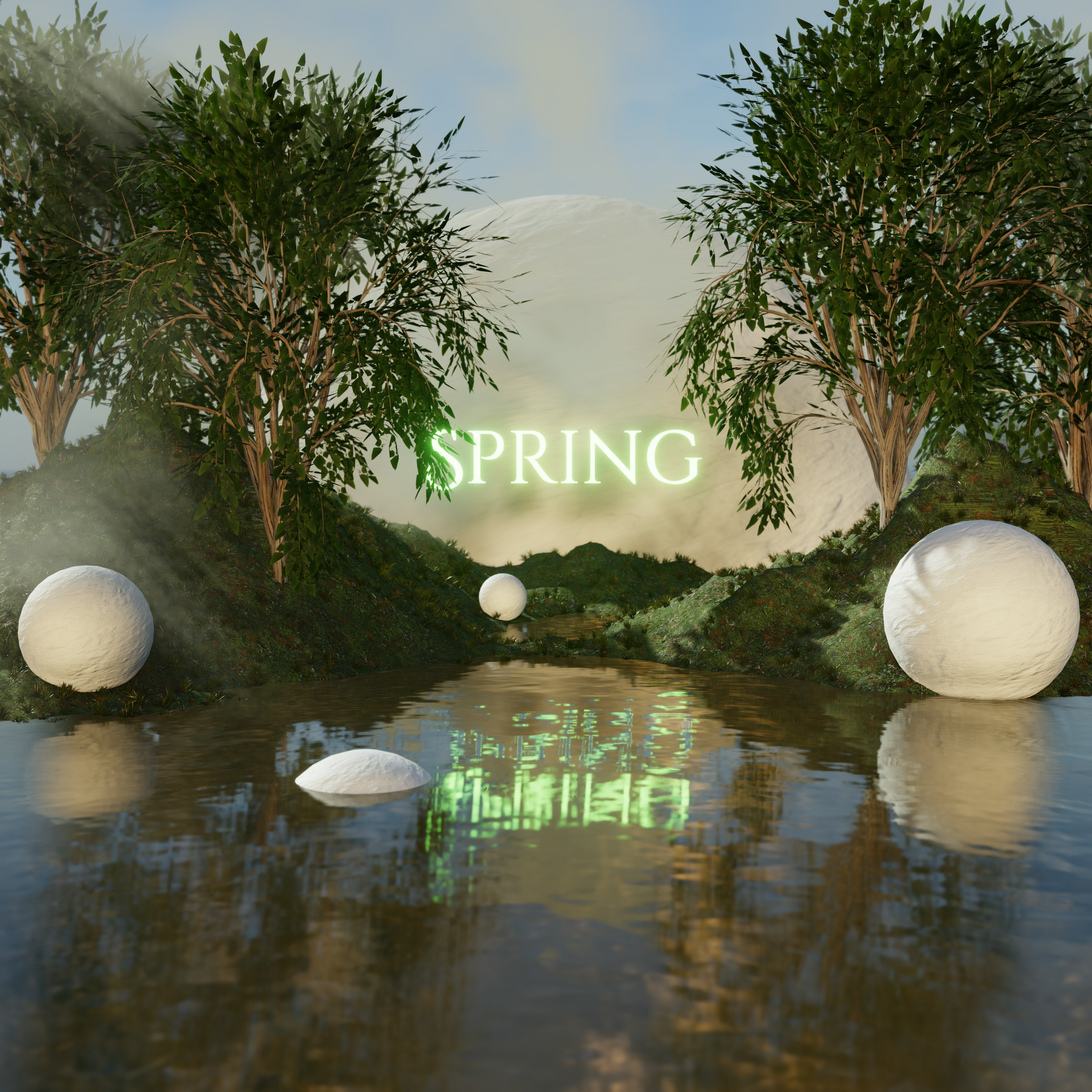 a computer generated image of a pond surrounded by trees