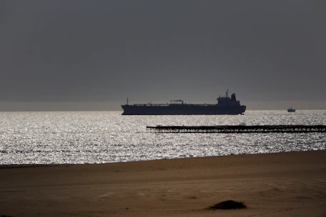 A group of certified seafarers preparing to board a large cargo ship at dawn.