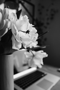 a black and white photo of flowers in a vase