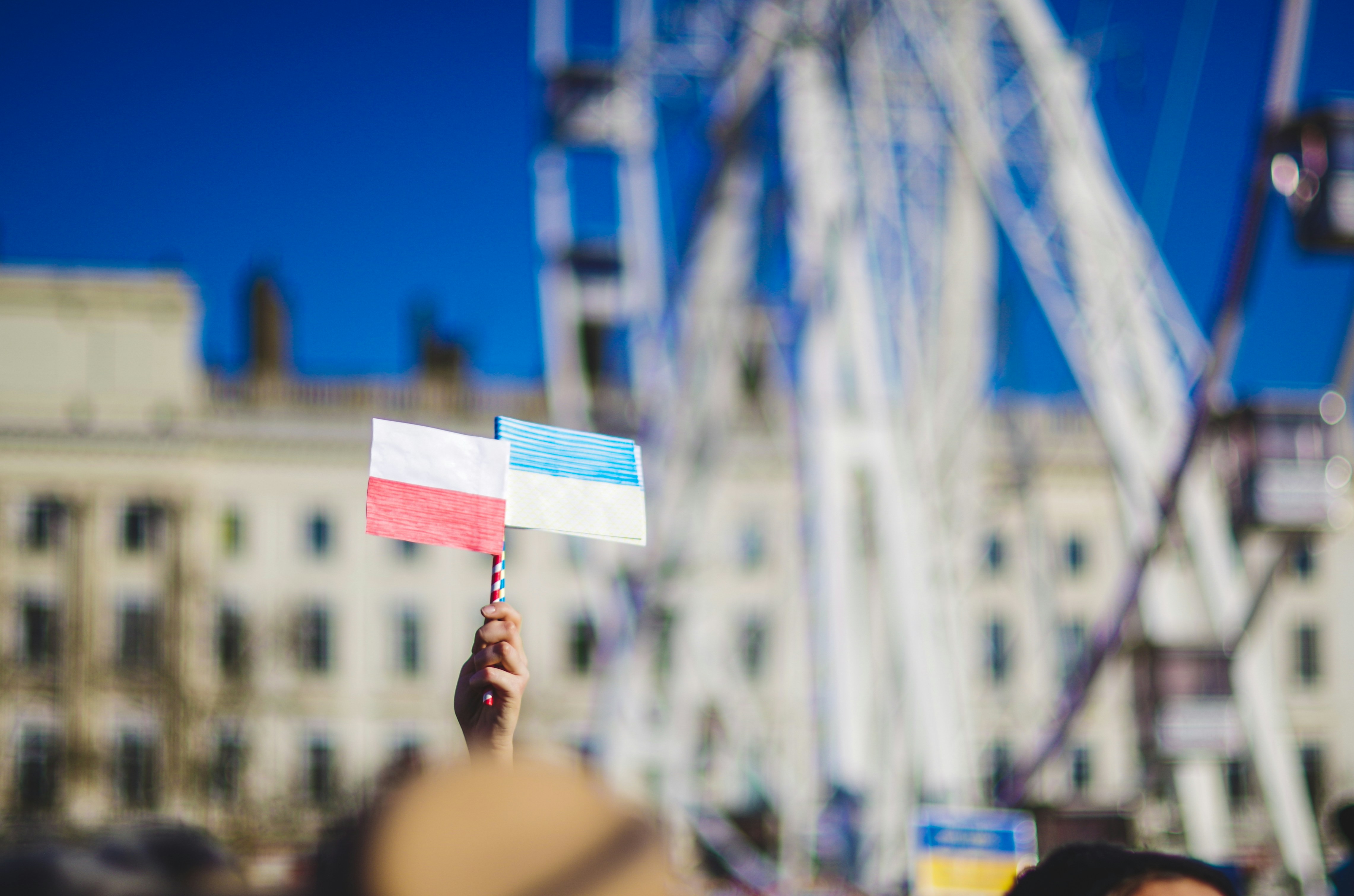 a person holding a flag in front of a ferris wheel