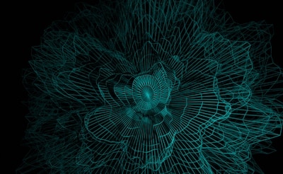 A complex, dynamic structure of interconnected turquoise wireframes forms a swirling pattern on a black background. The lines create a hypnotic, three-dimensional effect as they converge towards the center.