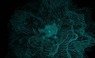 A complex, dynamic structure of interconnected turquoise wireframes forms a swirling pattern on a black background. The lines create a hypnotic, three-dimensional effect as they converge towards the center.