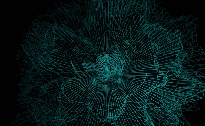 A complex, dynamic structure of interconnected turquoise wireframes forms a swirling pattern on a black background. The lines create a hypnotic, three-dimensional effect as they converge towards the center.