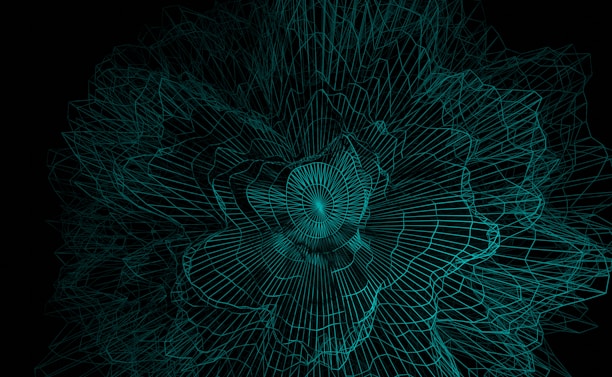 A complex, dynamic structure of interconnected turquoise wireframes forms a swirling pattern on a black background. The lines create a hypnotic, three-dimensional effect as they converge towards the center.