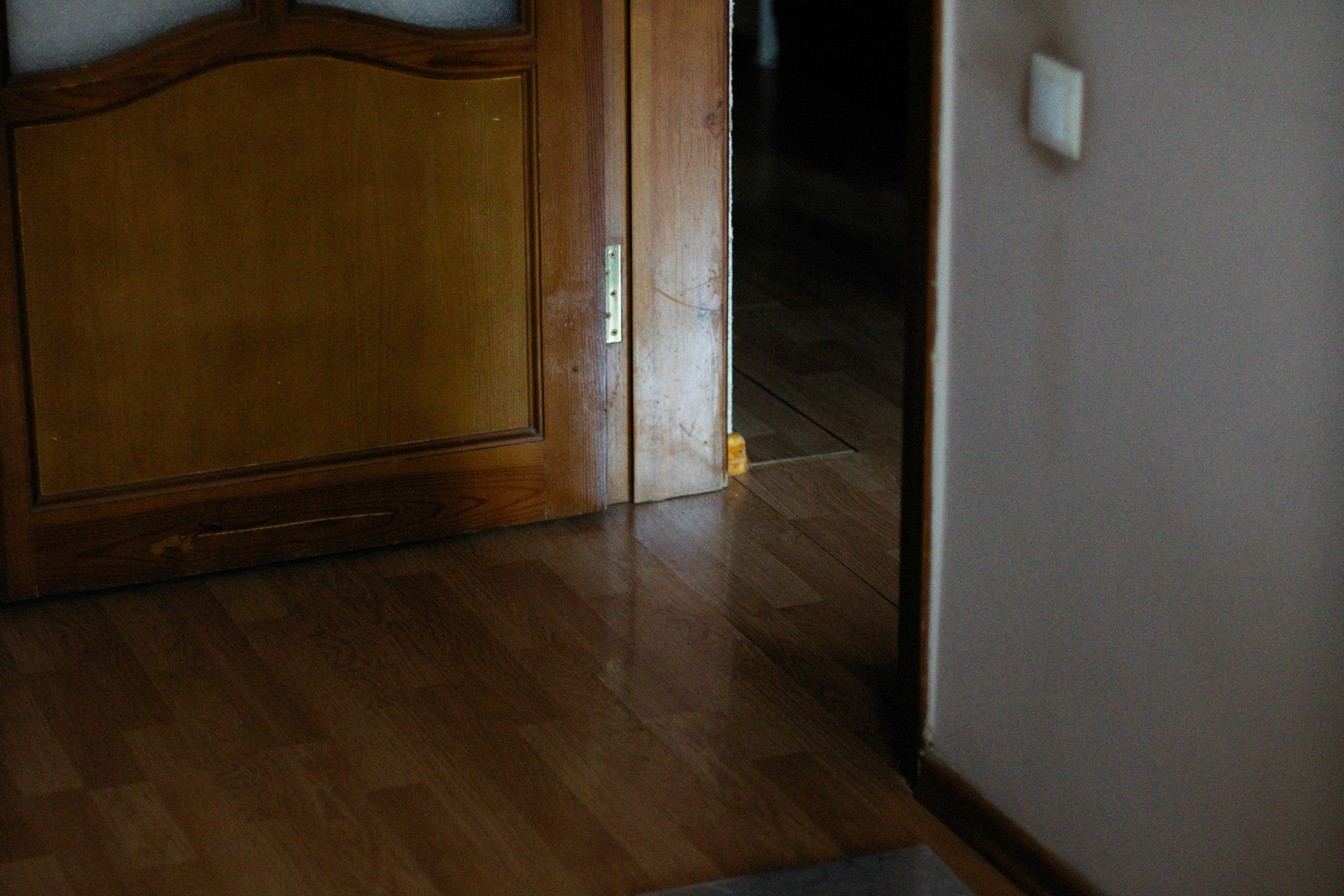 a room with a wooden door and hard wood floors