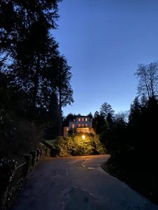 A moody, cinematic dusk view of the old manor estate surrounded by dark green trees and illuminated golden accents.