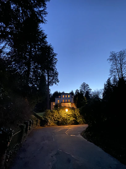 A moody, cinematic dusk view of the old manor estate surrounded by dark green trees and illuminated golden accents.