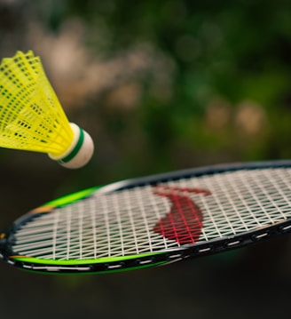 a close up of a tennis racquet with a person on it