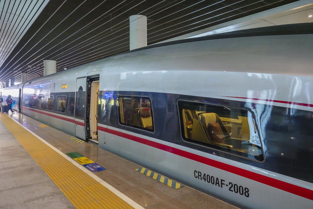 a passenger train stopped at a train station