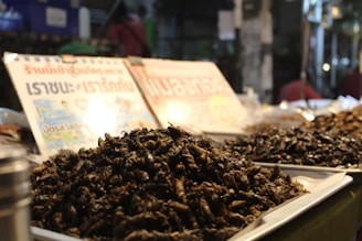A market stall displaying trays filled with a variety of fried insects. In the background, there are signs with text in a non-Latin script, possibly indicating prices or descriptions of the food items. The setting appears to be a night market with a bustling atmosphere.