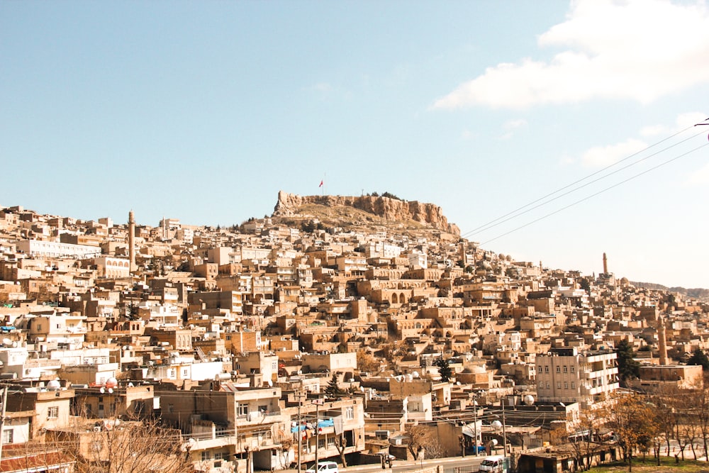 a very large city with a very tall hill in the background