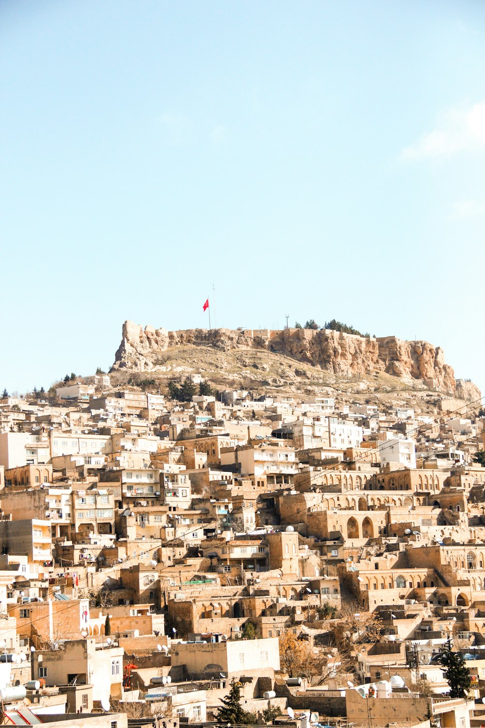 a city with a hill in the background