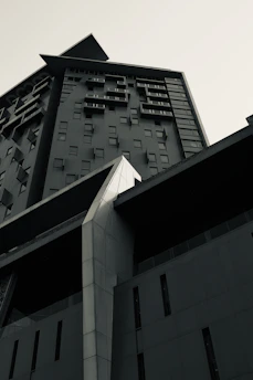 a black and white photo of a tall building