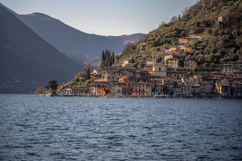 a small village on the shore of a lake