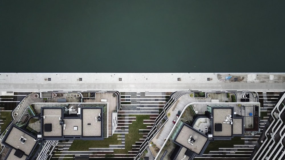 an aerial view of a parking lot in a city