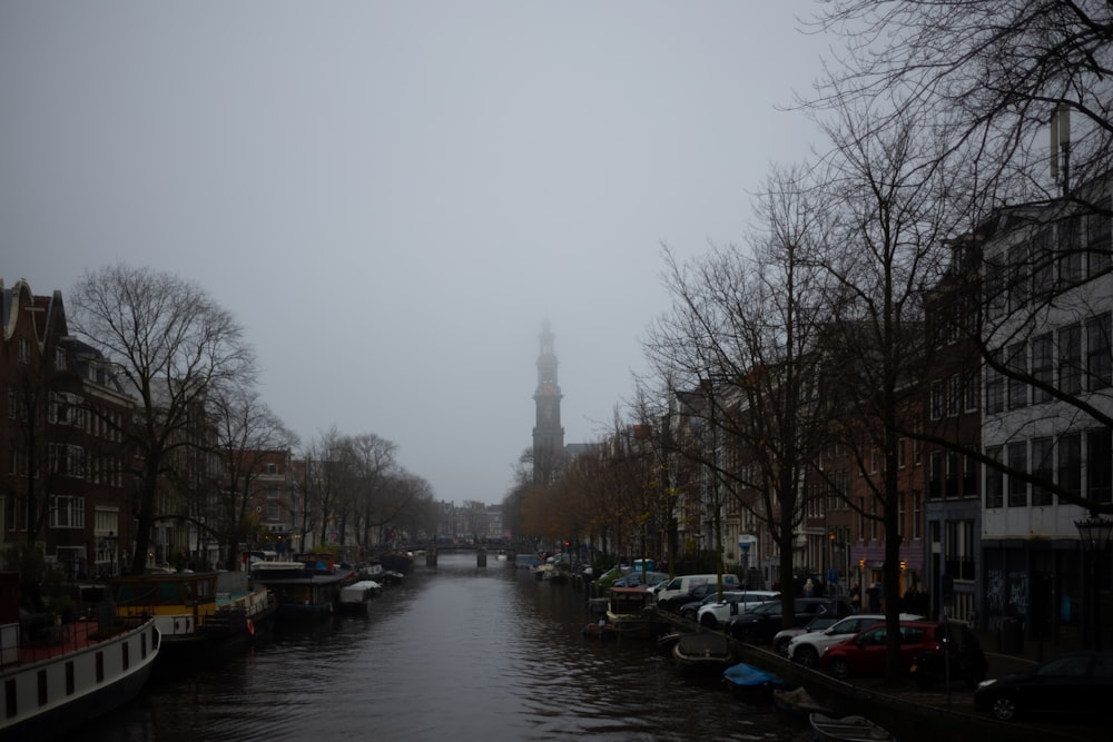 a foggy day on a canal with a clock tower in the distance
