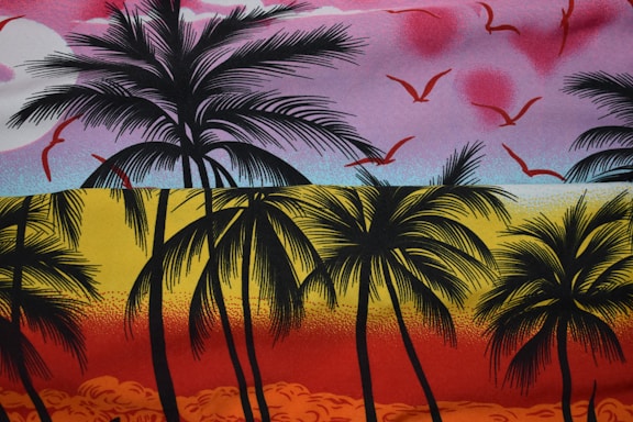 A vibrant tropical sunset over palm trees with colorful flowers in the foreground, reflecting the warm spirit of Papua New Guinea.