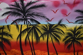 A vibrant tropical scene with silhouetted palm trees against a colorful sunset. The sky transitions from vivid purple and pink hues at the top, filled with flying birds, to a bright yellow and orange at the bottom. The gradient sky enhances the tropical theme and gives a sense of warmth and tranquility.