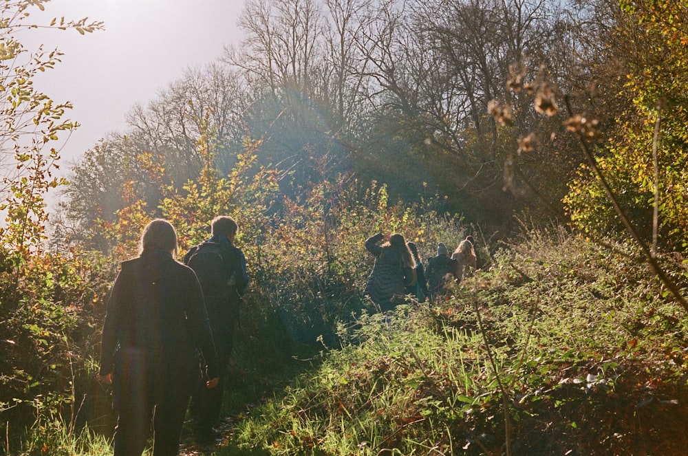 un groupe de personnes marchant dans une forêt