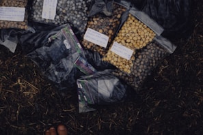 Several plastic bags filled with different types of small round objects, possibly seeds or beads, are placed on a ground covered with dry grass. Some of the bags have handwritten labels with descriptions on them.