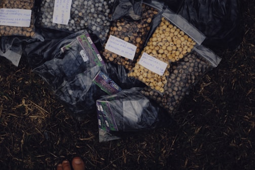 Several plastic bags filled with different types of small round objects, possibly seeds or beads, are placed on a ground covered with dry grass. Some of the bags have handwritten labels with descriptions on them.