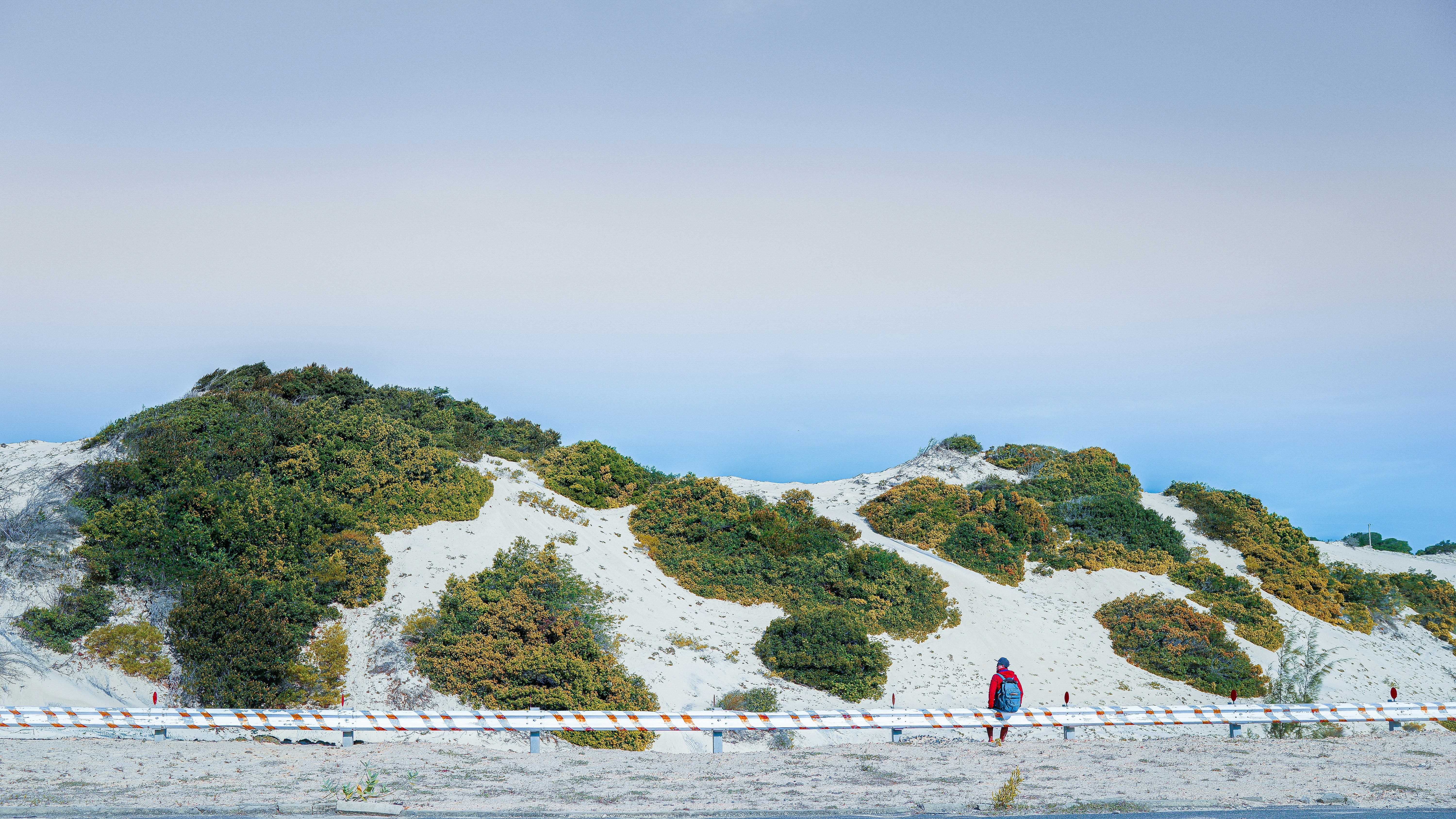 山の隣のビーチに立っている人