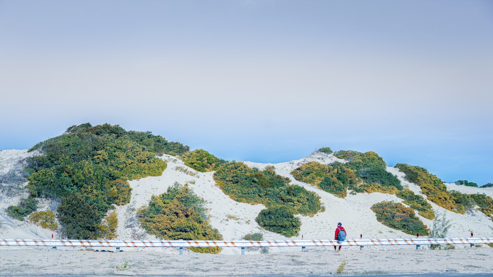 une personne debout sur une plage à côté d’une montagne