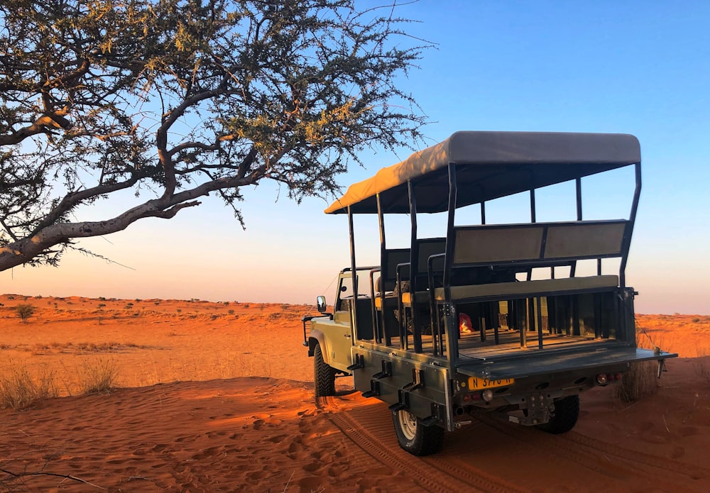 a safari vehicle driving through the desert on a sunny day