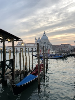 a row of gondolas sitting next to a pier