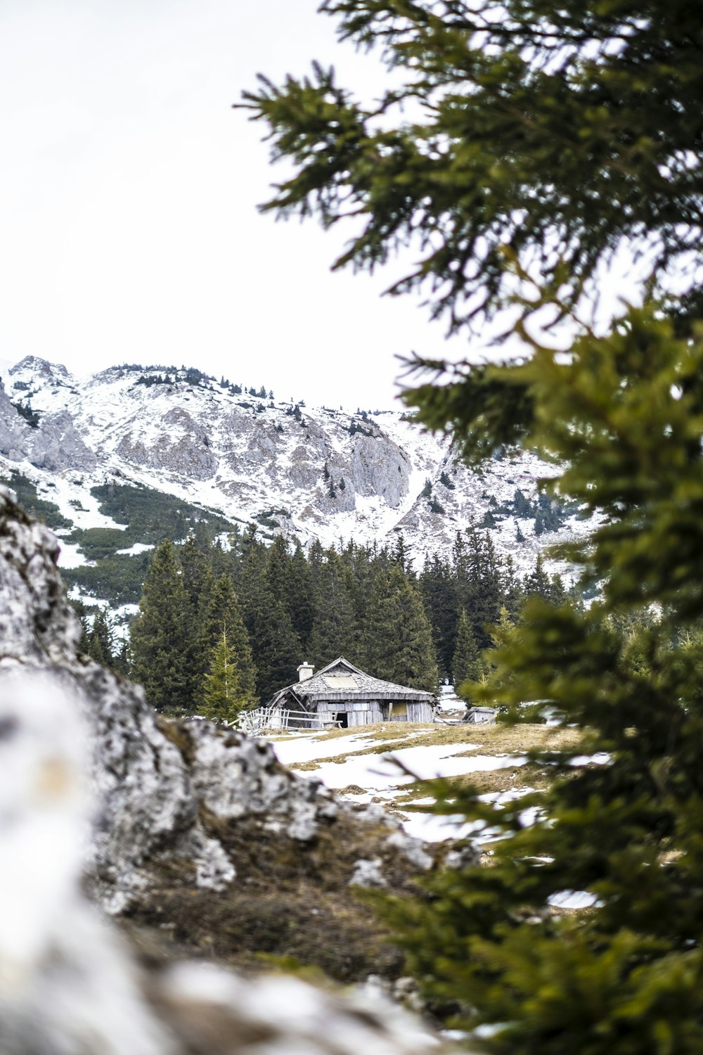 a view of a mountain with a house in the foreground