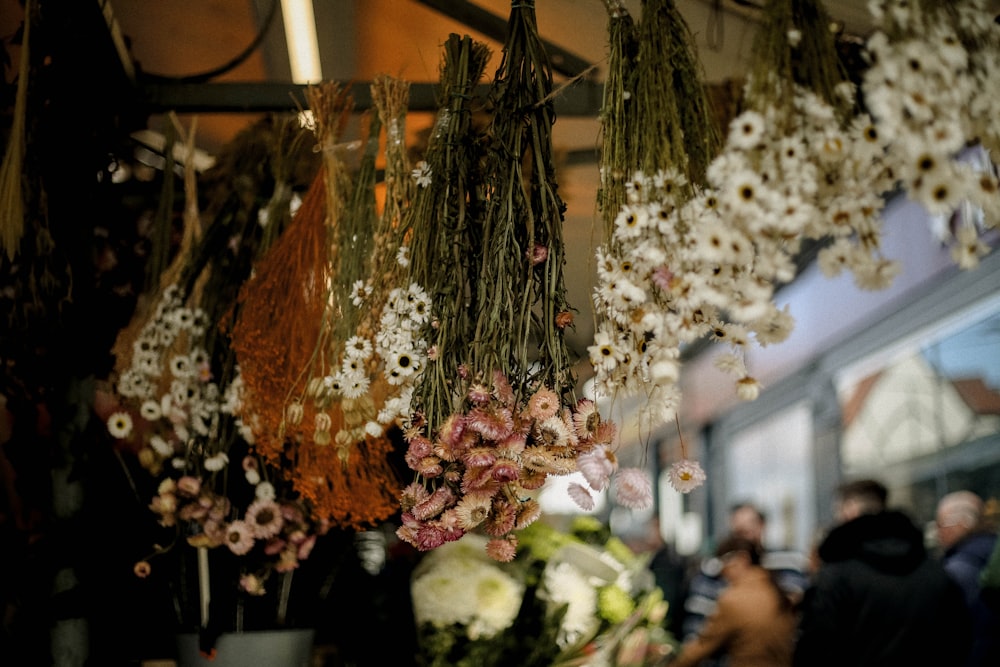 a bunch of dried flowers hanging from a ceiling