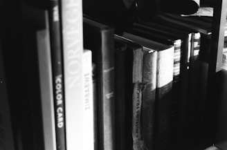 a black and white photo of a bookshelf